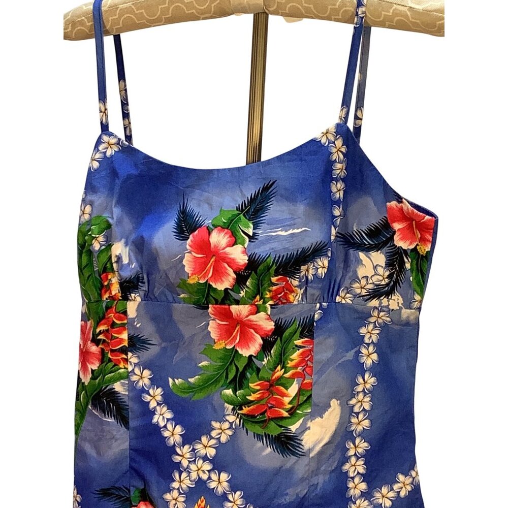 Made in Hawaii Mini Sundress Womens M Blue Floral Hibiscus Beachy Casual - Picture 4 of 5